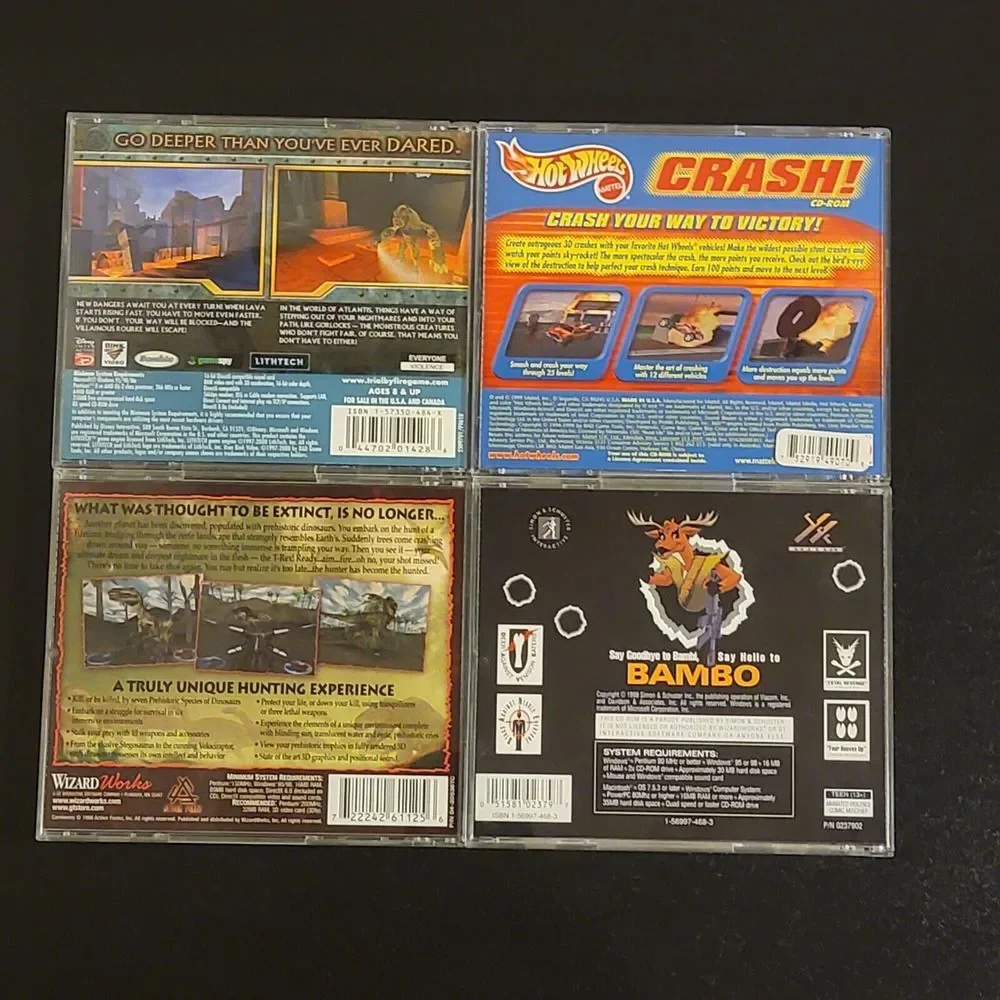 VTG PC CD-Rom 4‎ Games Carnivores / Atlantis / Deer Hunter / Hot Wheels Crash